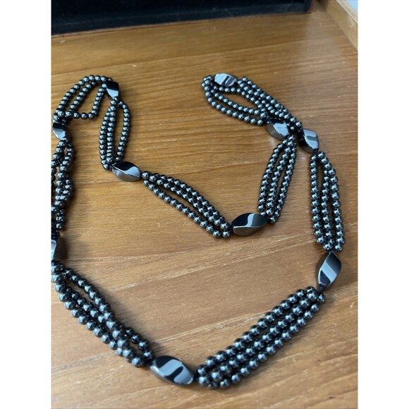 Vintage Hematite Hand Knotted Beaded 3 strand 28" necklace - Picture 2 of 3